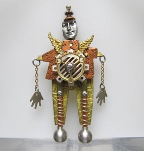 lot 66 image: Large Sterling Silver Brass & Copper Figural Steampunk Brooch by Beth Piver