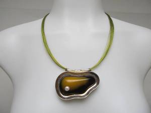 lot 69 image: Large Sculptural Sterling Silver & Amber Pendant Necklace wPearl