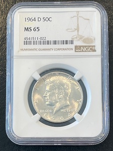 lot 48 image: 1964-D Kennedy Half Dollar NGC MS65