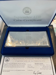 lot 61 image: $20 Dollar September 11th Silver Leaf Coin-Certificate