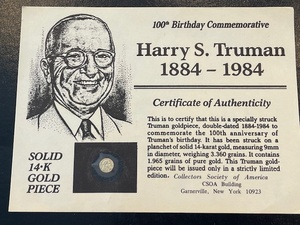 lot 81 image: 1984 Harry S. Truman 14K Gold Commemorative