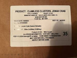 C. 35lbs-Fully Cooked Clawless Clusters, Jonah Crab