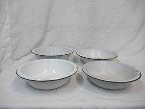 lot 32 image: 4 Vintage White Enamel Metal Bowls. Various sizes.
