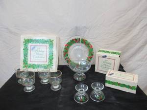 lot 87 image: Avon Holiday Hostess Collection Glassware Christmas Holly - Platter, Compote, Candle Holders and 4 Glasses