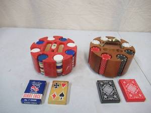 lot 120 image: 2 Vintage Poker Chips Card Caddy Spinning Carousel Holders filled with Vintage Poker Chips and 4 deck of cards