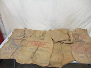 lot 126 image: Vintage Lot of Burlap Feed Bags Gunny Sacks some with Advertising