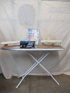 lot 130 image: Lot of Ironing Items. New Iron in box, Ironing Board, New Pad and more