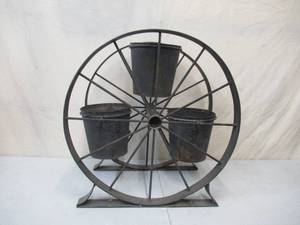 lot 137 image: Vintage Metal Planter 3 Pots with rustic Wagon Wheel