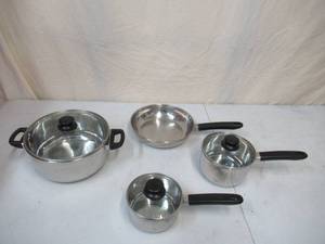 lot 147 image: Set Of 4 Stainless Steel Pots and Pans with 3 Lids. Royal Household Products Cuisine Classic