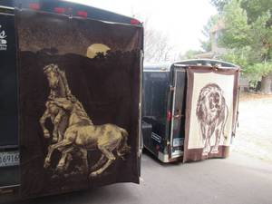 lot 150 image: 2 Large Home Decor Animal Blankets.1 is of Horses and 1 is of a Lion.