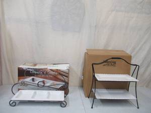 lot 160 image: Lot of 2 NEW in Boxes Southern Living  Home Serving Dishes.1- 2 Tiered Serving Stand with trays and 1- 3 way Divided Serving Tray on stand.  