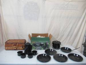 lot 162 image: Lot of Wicker Picnic Basket and (NEW in Box) Texsport 13 Piece Enameled Cookware Set