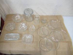 lot 172 image: Lot of Vintage Clear Glassware Bowls, Dishes, Compote with lids, Luncheon Plates and Sugar Bowl