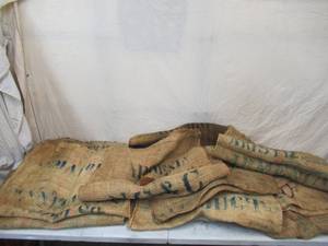 lot 179 image: Lot of 10 various 1950s Burlap Coffee Bean Gunny Saks. Columbia. 