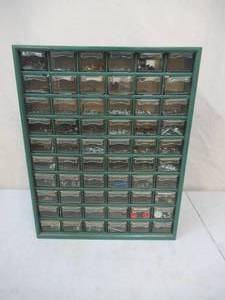 lot 181 image: Vintage Plastic 60 Drawer chest Storage Cabinet Tool Box Organizer Bin with contents