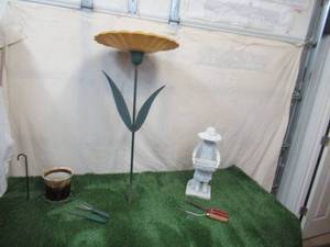 lot 198 image: Lot of various Gardening Items Sunflower Bird Bath, Fence Flower Pot Holder, Tools, Girl Statue. NOTE The grass turf used in the picture is NOT part of this sale.