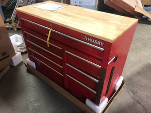Husky 42 in. W x 18.1 in. D 8-Drawer Red Mobile Workbench Cabinet with Solid Wood Top Customer Returns See Pictures