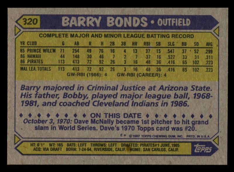 1987 Topps Barry Bonds Rookie #320