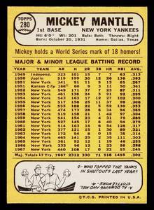 1968 Topps Mickey Mantle Vintage Baseball Card #280- Near Mint