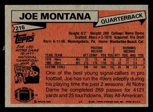 1981 Topps Joe Montana Vintage Football Rookie Card #216
