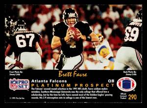 1991 Pro Set Platinum Brett Favre Rookie Card #290