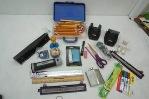lot 54 image: Office Supplies, Two Hole Punches, plastic container of pencils, Ruler, Flashlight and more