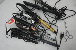 lot 167 image: 4 Different size Curling Irons & a Flat Iron, Scissors