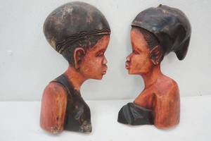 lot 218 image: African Wood Hand Carved Woman and Man Profile