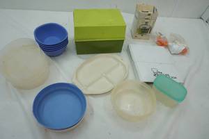lot 349 image: Betty Crocker Recipe Card Library, Variety of Tupperware Bowls, Keurig 2.0 Brewer Maintenance accessory, partial box of canning lids