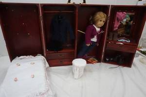 lot 549 image: American Doll with Wooden Trunk and accessories