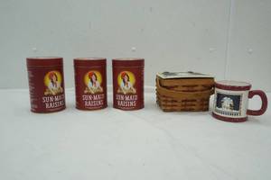 lot 573 image: 3- Sun-Maid Raisins Tins, & Snowman Basket with Mug