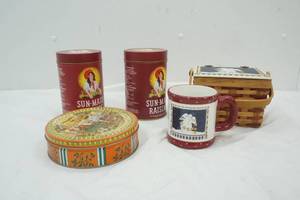lot 578 image: 2 Sun-Maid Raisin Tins, Snowman basket and coffee mug, Friends Tin