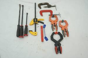 lot 608 image: Variety of Clamps, DeWalt Clamp, 3 different size pry bars