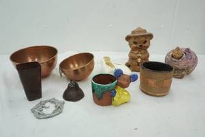 lot 642 image: Ceramic Bear Bank, Homemade decanter Hippo, 2 Copper Bowls, and more