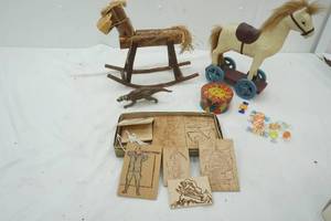 lot 651 image: Glass Candy, 2 Wooden Decor Horses, Wood Burning Patterns