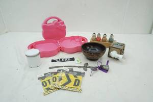 lot 674 image: Hello Kitty boxes, nail Polish, metal Rose with purple ribbon, wood bowl, Wax warmer, Halloween tape