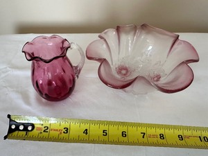 lot 175 image: Vintage Small Hand Blown Ruffled Edge Cranberry Vase Pitcher with Clear Handle and Vintage Mikasa Crystal Rosella Pink Frosted Flowers Serving Bowl