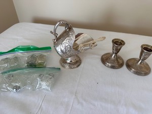 lot 148 image: Vintage Silver Plated Candle Stick Holders, Crystal and Silver Miniature Salt & Pepper Shakers, Silver Stamped Sugar Dish, Olive Pitter and Clam Shaped Silver Spoon