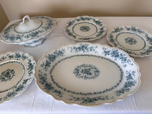 lot 110 image: Antique Transferware Pieces WH Grindley, Eileen White with Delicate Blue Flowers and Embossed Band of Flowers followed by Gold Trim and Embossed Dots
