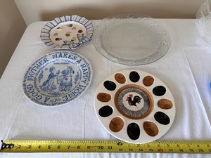 lot 159 image: Vintage Plates including Vintage BlackBrown Deviled Egg Rooster Platter, Royal Crownford Mothers Day Plate, and Various Others