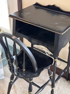 lot 161 image: Vintage Black and Gold Painted Small Side TableDesk with Matching Chair