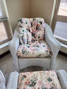 lot 4 image: Vintage Rattan Wicker Rocking Chair and OttomanFoot Stool in Excellent Condition with Cushions (Cushions have some sun damage)