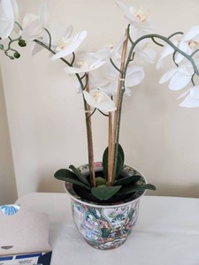 lot 41 image: Faux Fake White Orchid in Decorative Pot