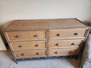 lot 78 image: Pier 1 Miranda Wicker and Metal Six Drawer Dresser and Two Nightstands
