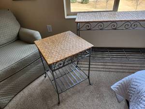lot 87 image: Pier 1 Wicker and Metal Sofa Table and Side Table