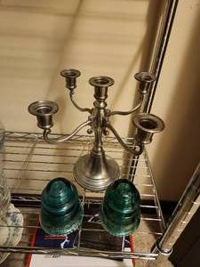 lot 105 image: Vintage Candelabra and Two Green Vintage Glass Insulators