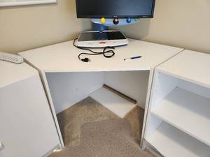 lot 128 image: White Corner Desk, Cabinet, Book Case, and Three Drawer Unit - Complete Office Set up - Any items on top not included