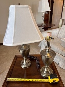 lot 68 image: Set of Two Brushed Brass Table Lamps, one with Shade