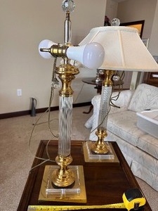 lot 69 image: Vintage Large Hollywood Regency Cut Glass Two Light Lamps with Shades