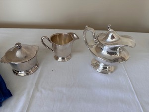 lot 145 image: Silver Serving Pieces - Reed and Barton 3882 Silver Covered Pitcher & Victor S.Co R0123 6 OZ Silver Sugar and Creamer